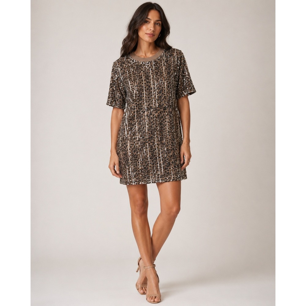 Elan Leopard Sequin Mini Dress‎ Womens Small Silver Stripe Party Shift